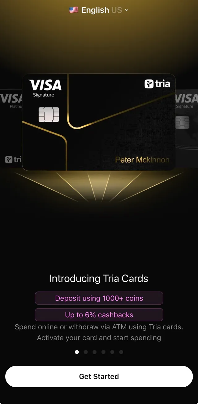 Tria App 安裝後的第一個畫面，標示 Up to 6% cashbacks