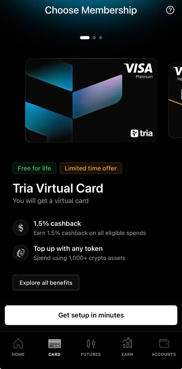Tria 的方案選擇頁，Virtual Card 標示 Free for life 與限時優惠