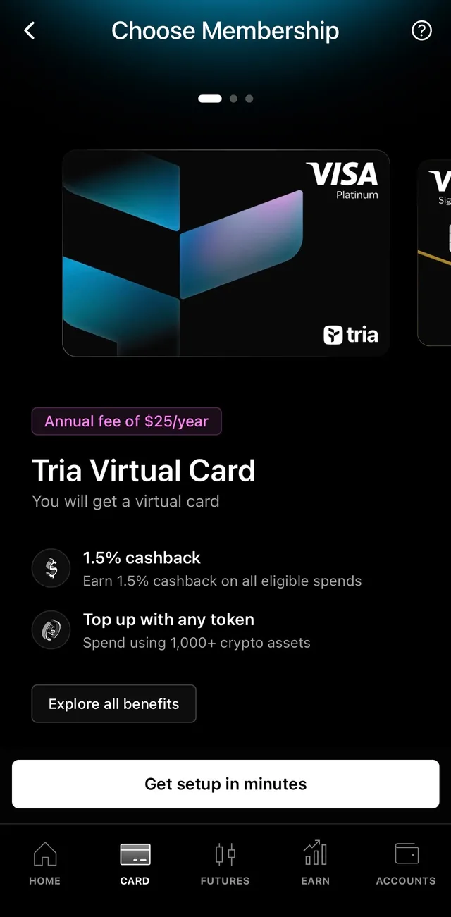 Tria Virtual Card 方案页，标示年费 25 USD 与 1.5% 返现
