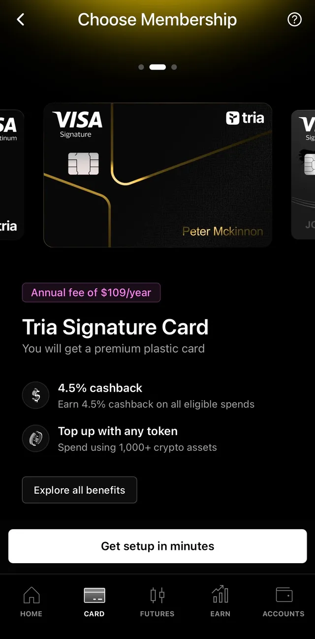 Tria Signature Card 方案页，标示年费 109 USD 与 4.5% 返现