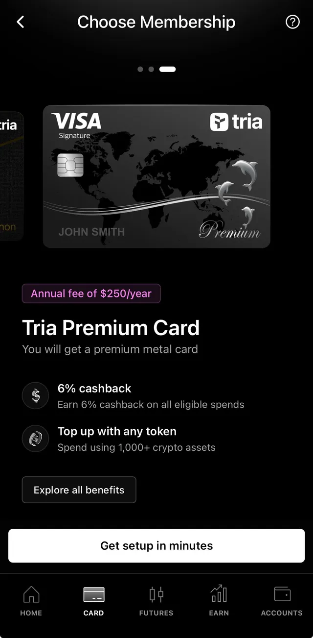 Tria Premium Card 方案页，标示年费 250 USD 与 6% 返现
