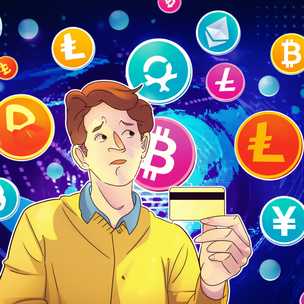 一位手持信用卡、好奇表情的人站在充滿活力數位資產的虛擬貨幣世界前