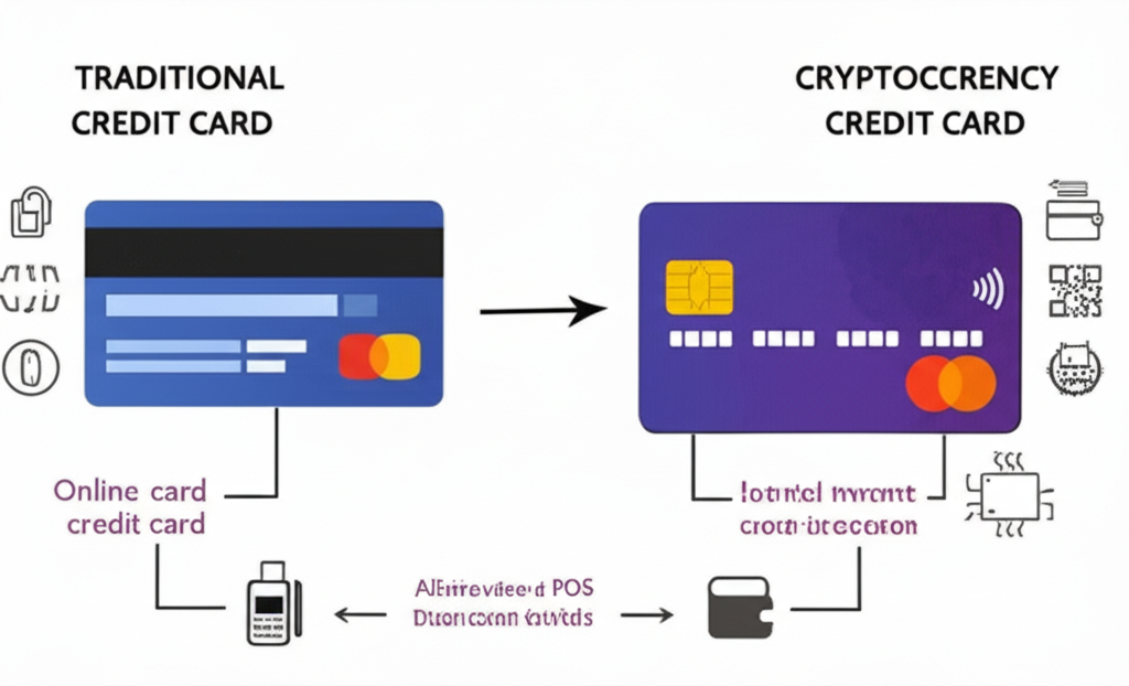 傳統信用卡與加密貨幣信用卡的比較插圖，強調差異與日常交易應用