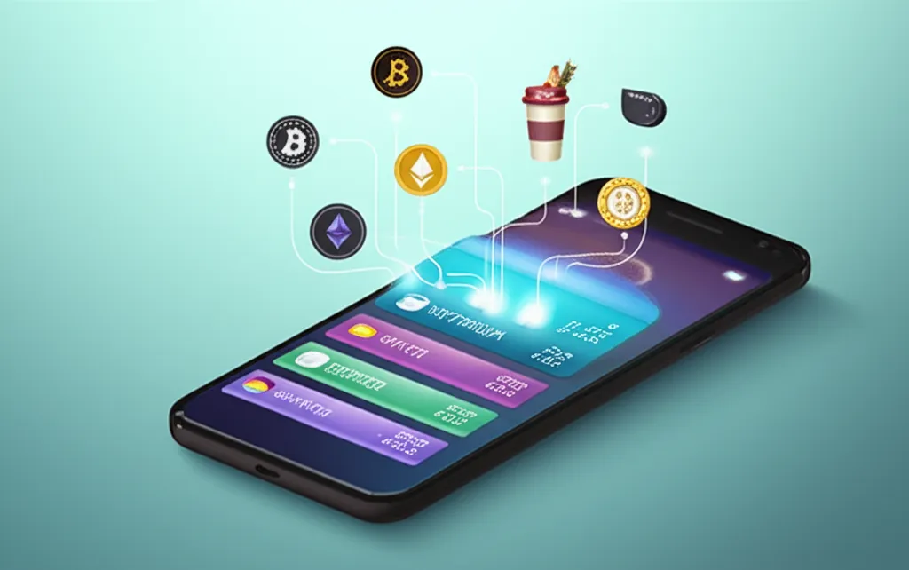 illustration of a digital wallet containing different cryptocurrencies seamlessly integrating with daily purchases