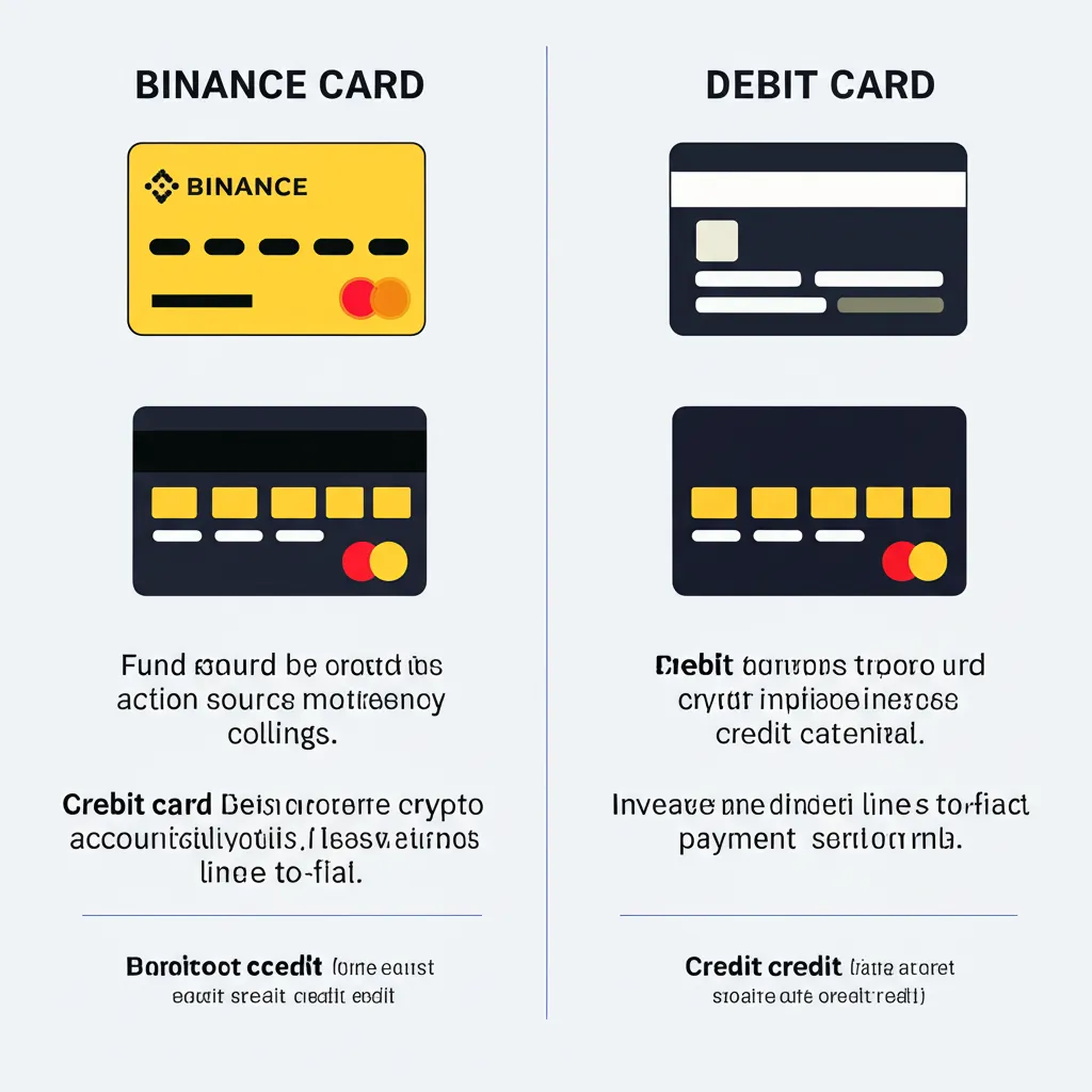 An illustration comparing Binance Card with traditional debit and credit cards emphasizing the differences in fund sources and payment methods in a clear graphical style