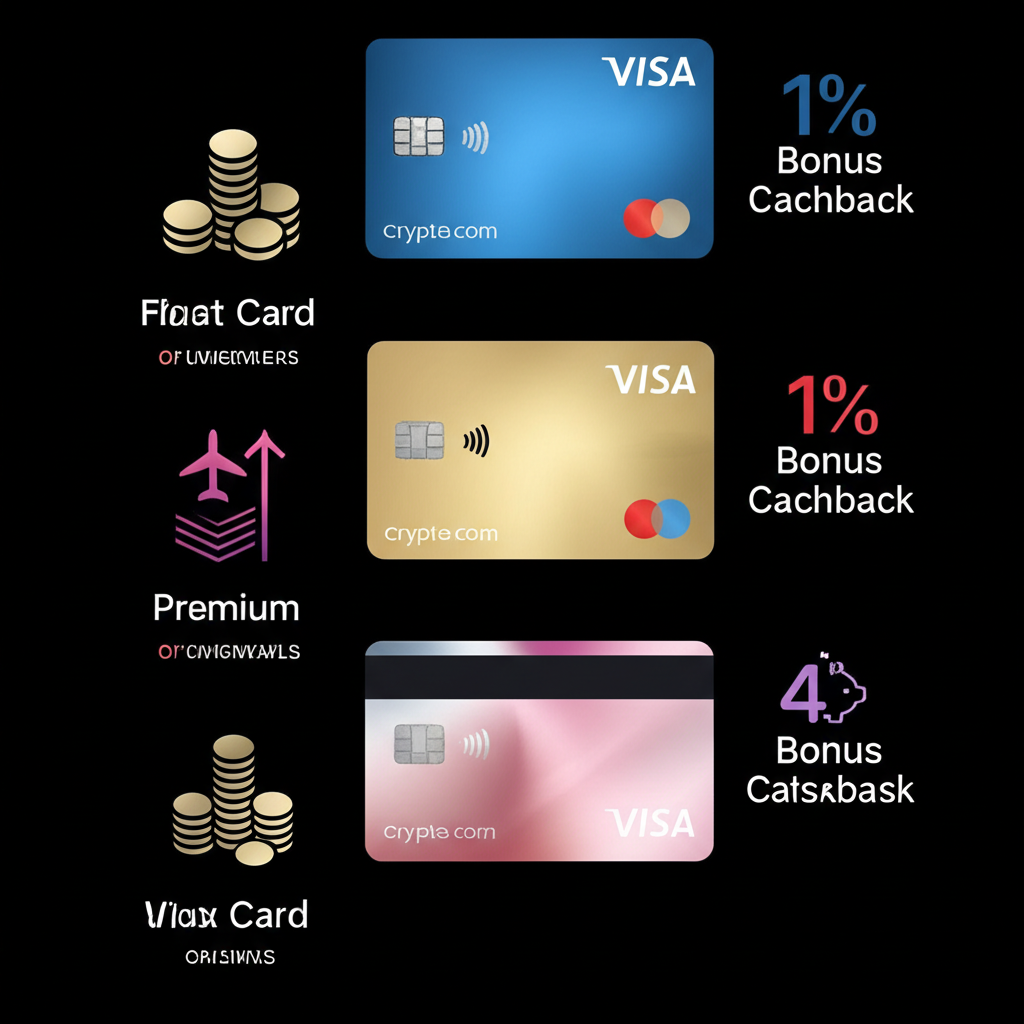 Crypto.com Visa 卡不同等級與福利的插圖，展示各層級的回饋與特權圖標