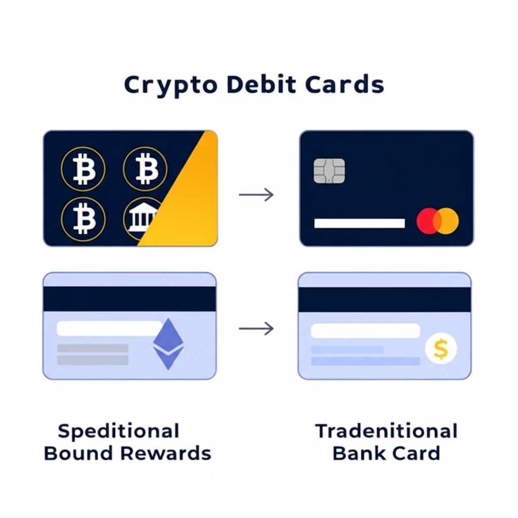 加密貨幣簽帳卡與傳統銀行卡差異插圖，顯示核心功能與優勢