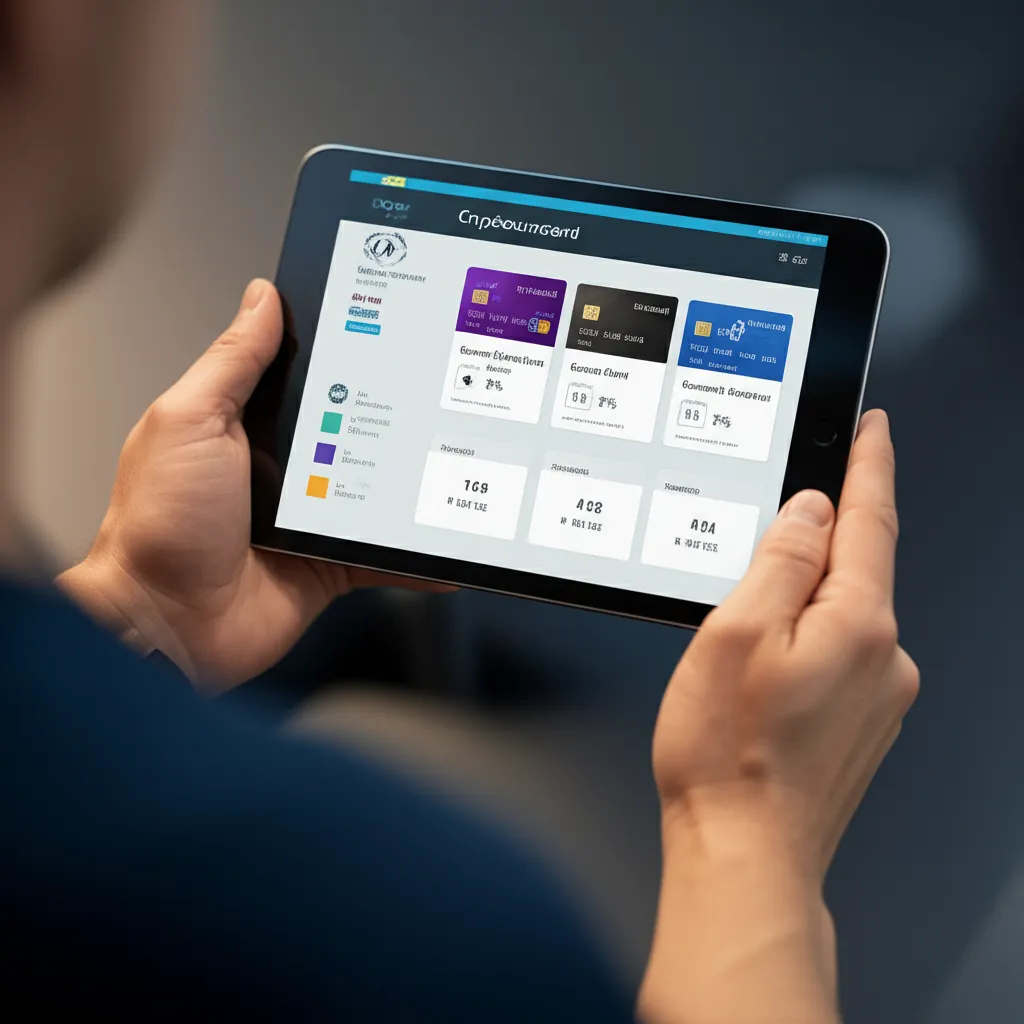 illustration of a user comparing cryptocurrency credit card options on a sleek digital device with charts and rewards displayed