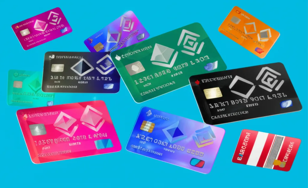 illustration of a vibrant virtual currency market with various cryptocurrency credit cards displayed