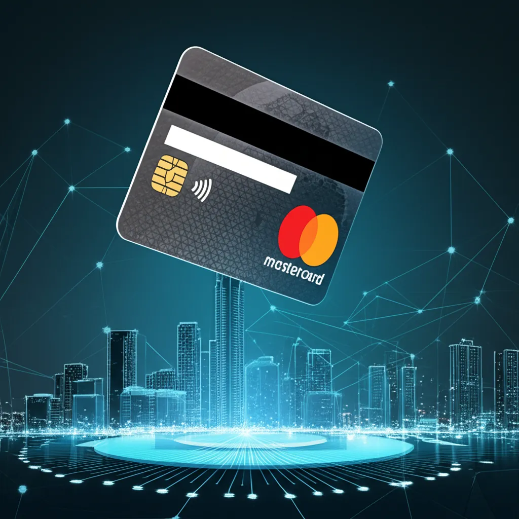 Mastercard card being used for cryptocurrency transactions in a global market setting emphasizing technological integration