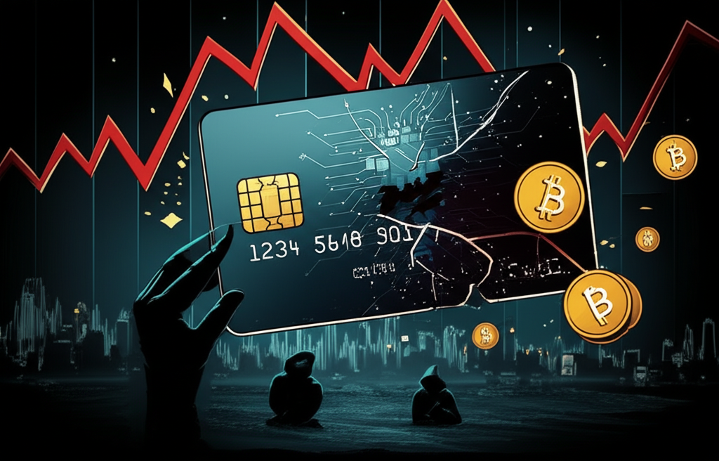 加密貨幣信用卡的潛在風險，聚焦價格波動和安全問題，在戲劇性的金融景觀中揭示
