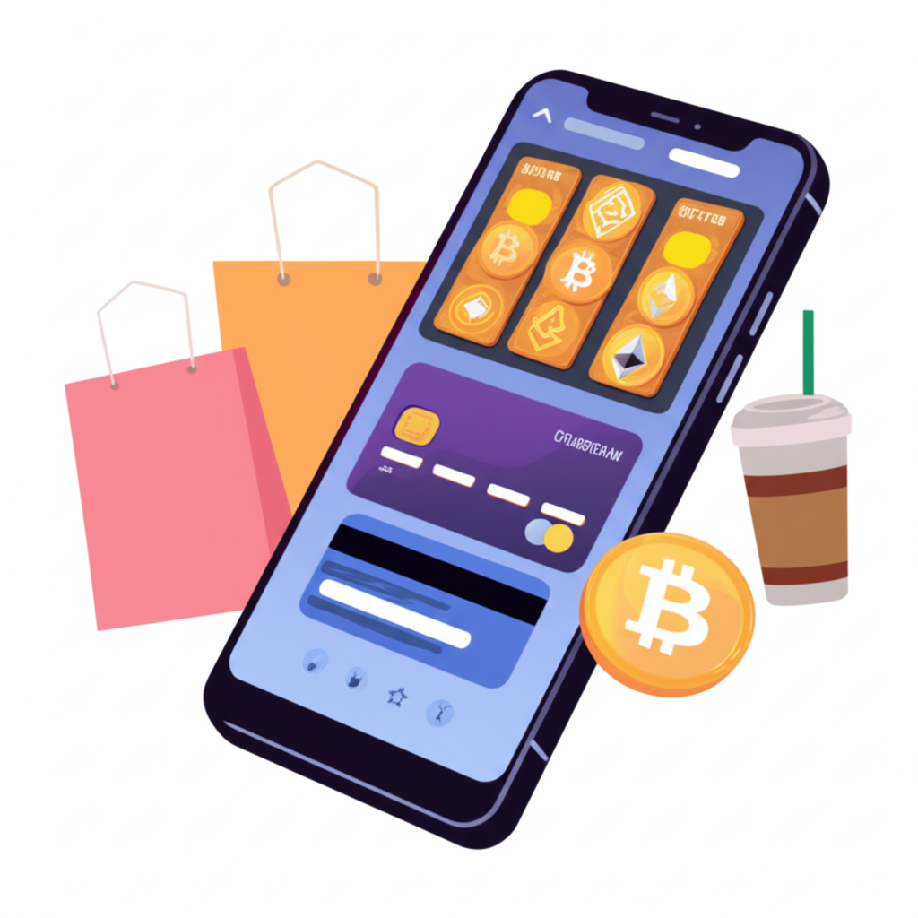 An illustration of a digital wallet with various cryptocurrencies and a credit card showing integration into daily life