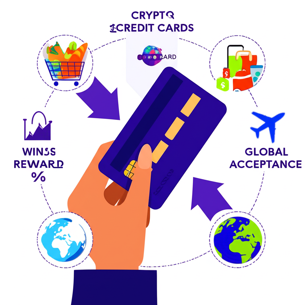 An illustration depicting the advantages of cryptocurrency credit cards in everyday spending like higher rewards and global acceptance