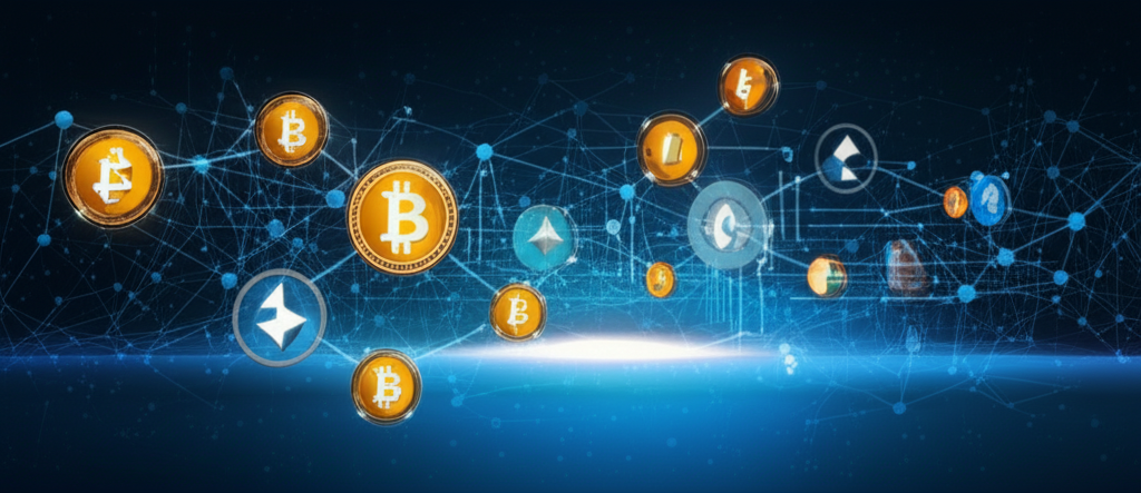 數位經濟景觀中融入加密貨幣元素，展示交易流程與區塊鏈技術