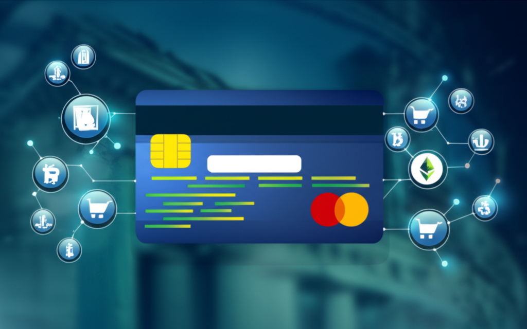 加密貨幣信用卡融入主流金融的數位插圖，展示數位資產與日常購物的整合
