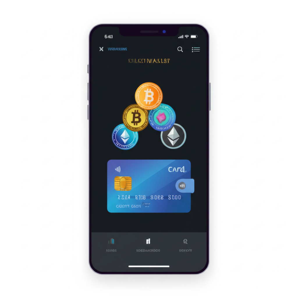 A digital wallet with various cryptocurrencies and a credit card illustrating asset liquidity