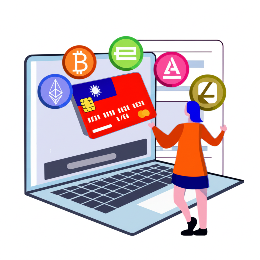 An illustration showing a person in Taiwan using a cryptocurrency credit card for online shopping with various cryptocurrencies around