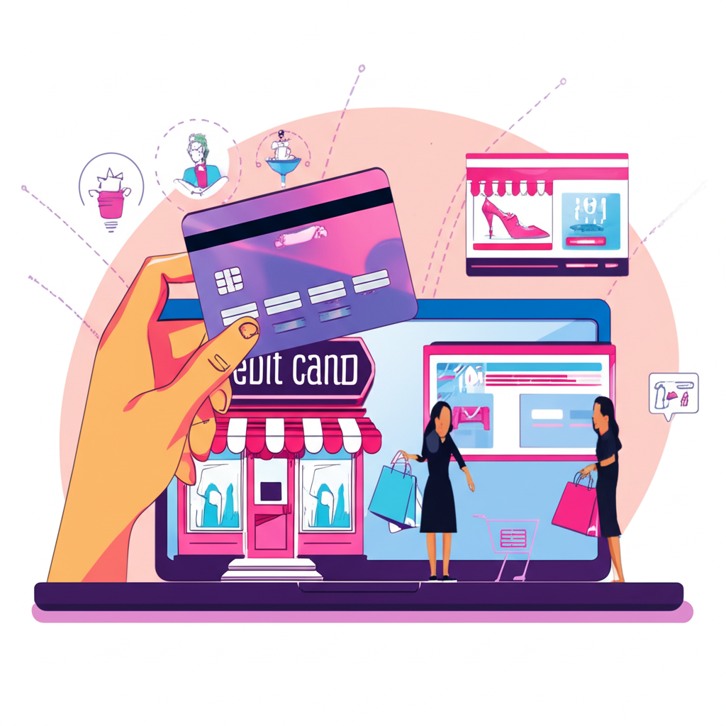 An illustration depicting the convenience of using a crypto credit card for shopping at stores and online platforms