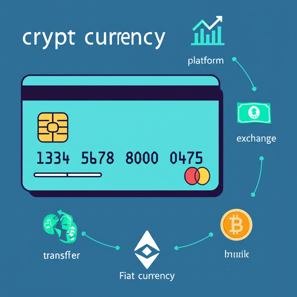An infographic explaining the process of converting cryptocurrency to fiat currency on an illustrated credit card