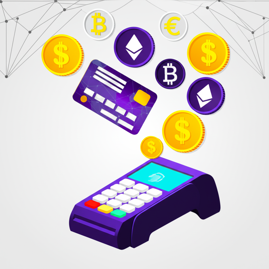 加密貨幣信用卡運作原理插圖，顯示加密貨幣轉換為法幣的無縫交易過程