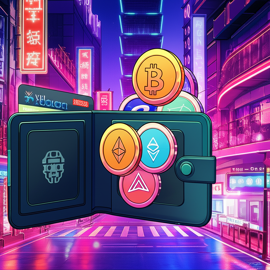 台灣繁華城市景觀中充滿加密貨幣的未來錢包與信用卡插圖