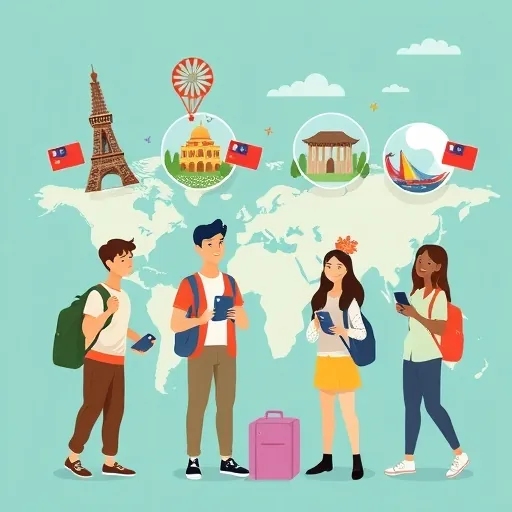 一群來自台灣的多元旅客快樂地在全球地標互動，順暢使用多幣別信用卡購物，展現國際旅行的便利與效率，奇幻友善插圖風格，溫柔色調