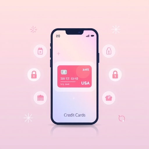 智慧型手機螢幕顯示虛擬信用卡，周圍環繞發光安全圖示，柔和粉彩背景象徵安全的線上交易