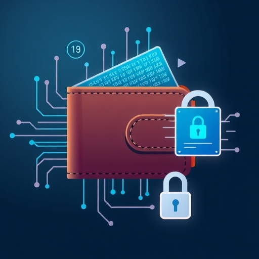 錢包轉化為數位資料流，再重組成安全虛擬卡圖示，傳達數位支付演進概念，未來感組織美學