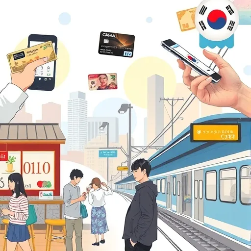 韓國多元支付方式的藝術描繪,包括信用卡與行動支付在咖啡廳與交通站的應用,強調便利選擇