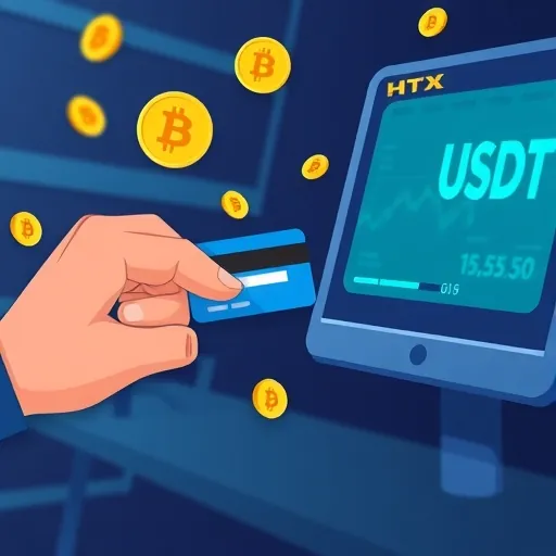 An illustration of a person quickly buying USDT with a credit card on the HTX platform showing fast transactions and seamless market entry for investors