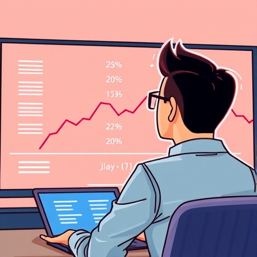 一個人策略性地觀看螢幕上的貨幣匯率，箭頭顯示波動值，成功預先兌換外幣以降低匯率風險和成本