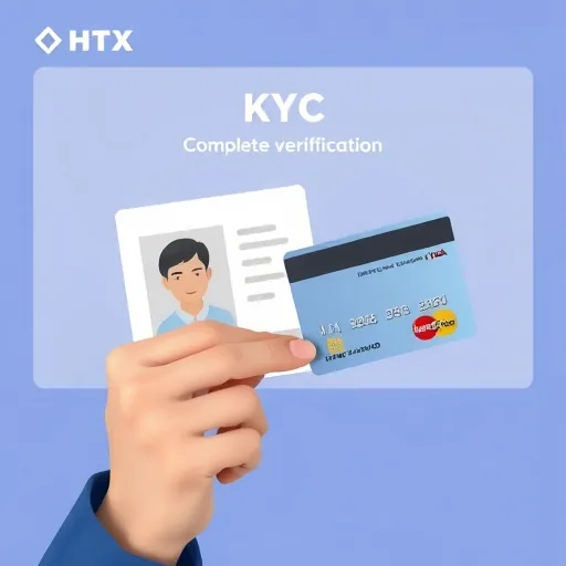 An illustration of a user completing KYC identity verification on HTX holding an ID document and preparing an international Visa or Mastercard for cryptocurrency purchases