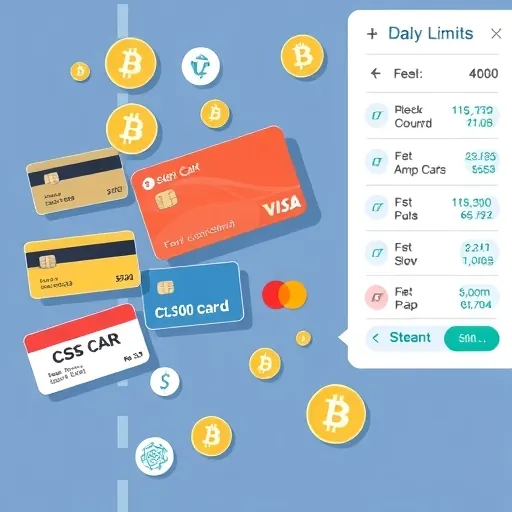 各種信用卡與銀行標誌與加密貨幣交易所介面互動，顯示交易手續費與每日限額的財務考量符號