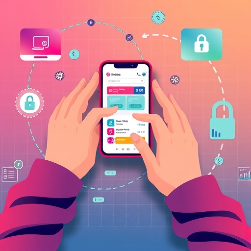 俯視圖顯示使用者雙手用手機進行線上購物，抽象元素呈現資料流動與安全層，現代藝術風格充滿活力數位色調