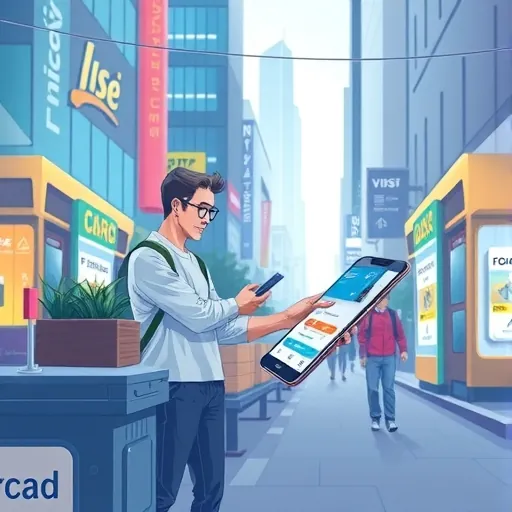 a futuristic illustration depicting a consumer seamlessly using a smartphone with a virtual card for contactless payment in a bustling modern city street scene