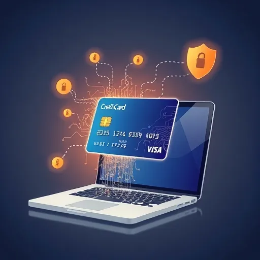 a stylized illustration of a credit card transforming into digital data streams flowing into a laptop screen representing online security