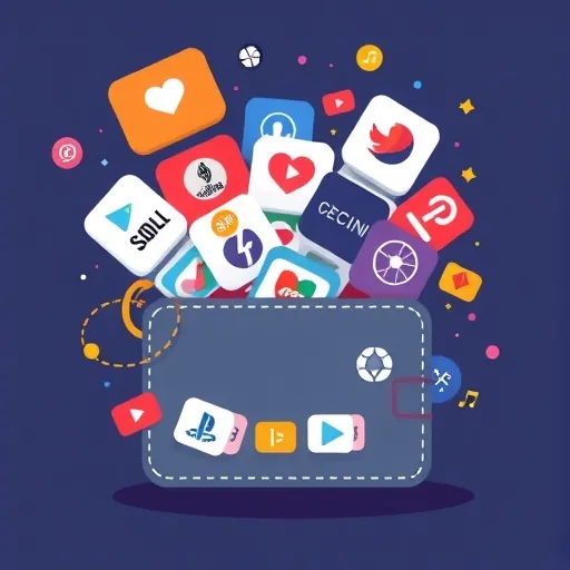 a whimsical illustration of a digital wallet overflowing with icons for various subscription services like streaming and music easily managed by a virtual card