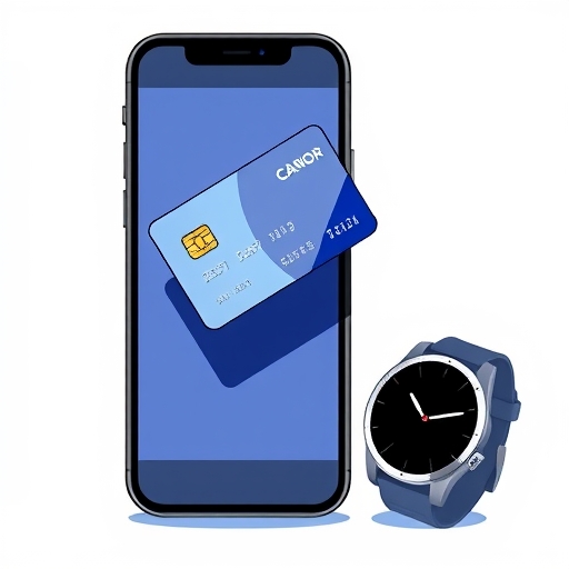 智慧型手機螢幕浮現數位信用卡作為實體卡數位分身的插圖，旁邊有智慧手錶