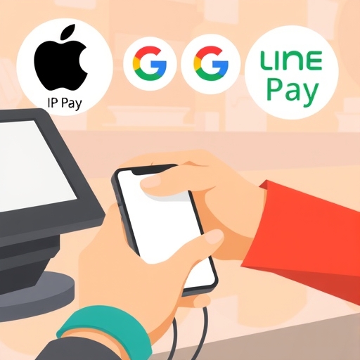 使用者在POS終端輕觸手機支付，周圍有Apple Pay、Google Pay和LINE Pay標誌的行動支付場景插圖