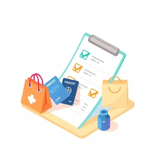charming isometric illustration of a travel checklist incorporating credit cards passports and shopping bags with a soft pastel color palette