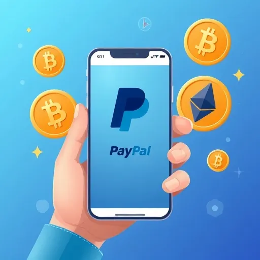 PayPal應用程式介面顯示美國用戶買賣持有加密貨幣如比特幣以太幣，以及使用Pay with Crypto功能在商家消費數位資產