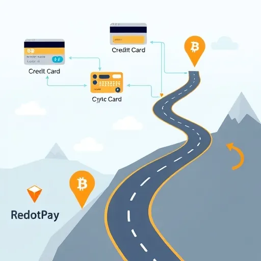 一張路線圖,顯示信用卡購買加密貨幣、銀行轉帳等不同路徑,其中一條標記為RedotPay的路徑通往安全的加密世界,引導新手和投資者