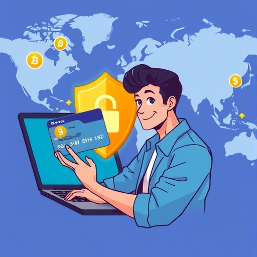 使用者自信地使用虛擬信用卡進行線上購物，背景有隱私保護盾牌、加密符號和全球地圖