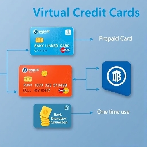 三種不同虛擬信用卡類型展示：預付卡有錢幣圖示、銀行連結卡連銀行標誌、一次性卡在交易後溶解以確保最高安全