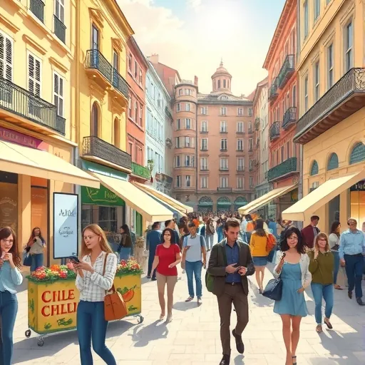 illustration vibrant european city square with diverse travelers using credit cards and smartphones for seamless shopping and dining bathed in warm afternoon sunlight