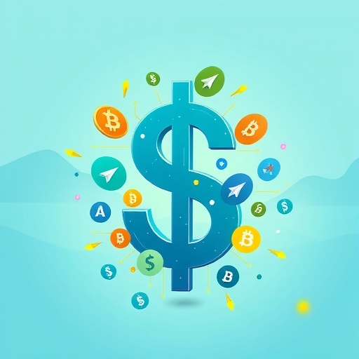 stylized illustration of a digital Taiwanese dollar symbol embracing a variety of cryptocurrency icons on a subtle blue and green background symbolizing trust and future finance