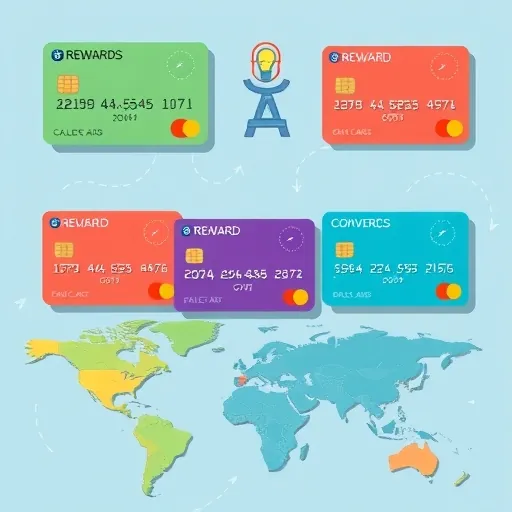 whimsical flat illustration of various credit cards featuring euro symbols and world maps with sparkling rewards elements suggesting smart travel spending