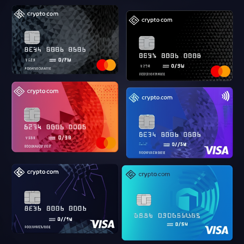 An illustration showing different levels of Crypto.com Visa card with their benefits and rewards clearly displayed