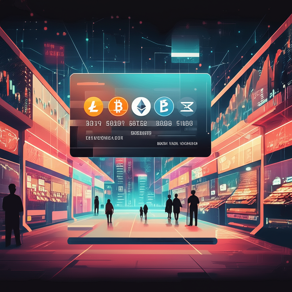 An illustration of a futuristic credit card displaying digital currencies in a vibrant market scene representing crypto transactions