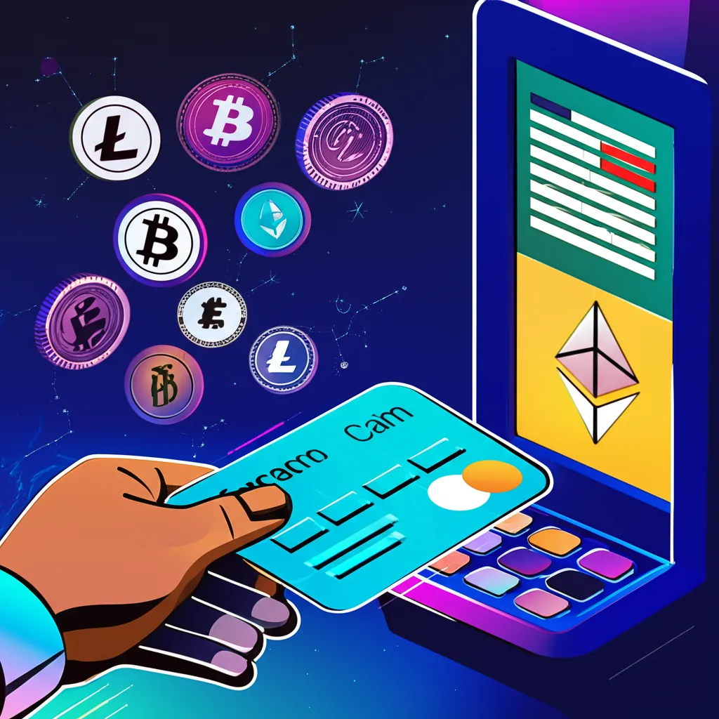 An illustration of a person using a cryptocurrency credit card at an ATM surrounded by digital assets and cryptocurrencies